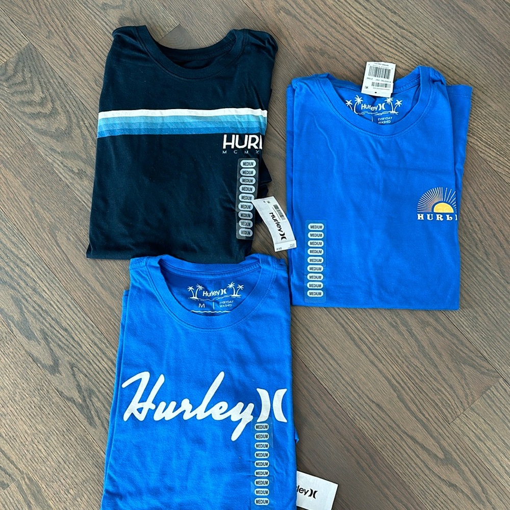 3 BRAND NEW WITH TAGS Men’s HURLEY brand surfer T Shirts. Size MEDIUM